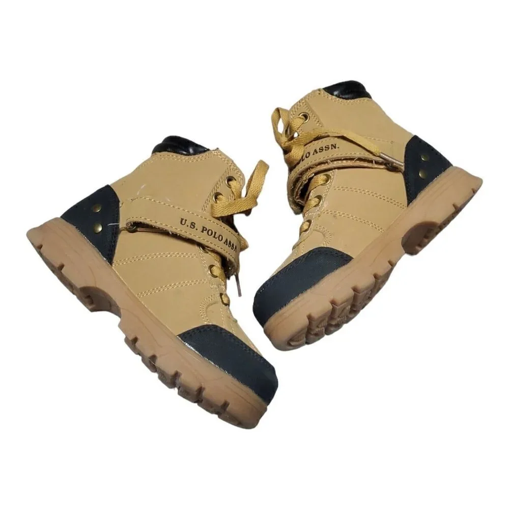 US Polo Association Kids Ankle Boots Tan/Black Size 11 Lace-up Hiking Sh…